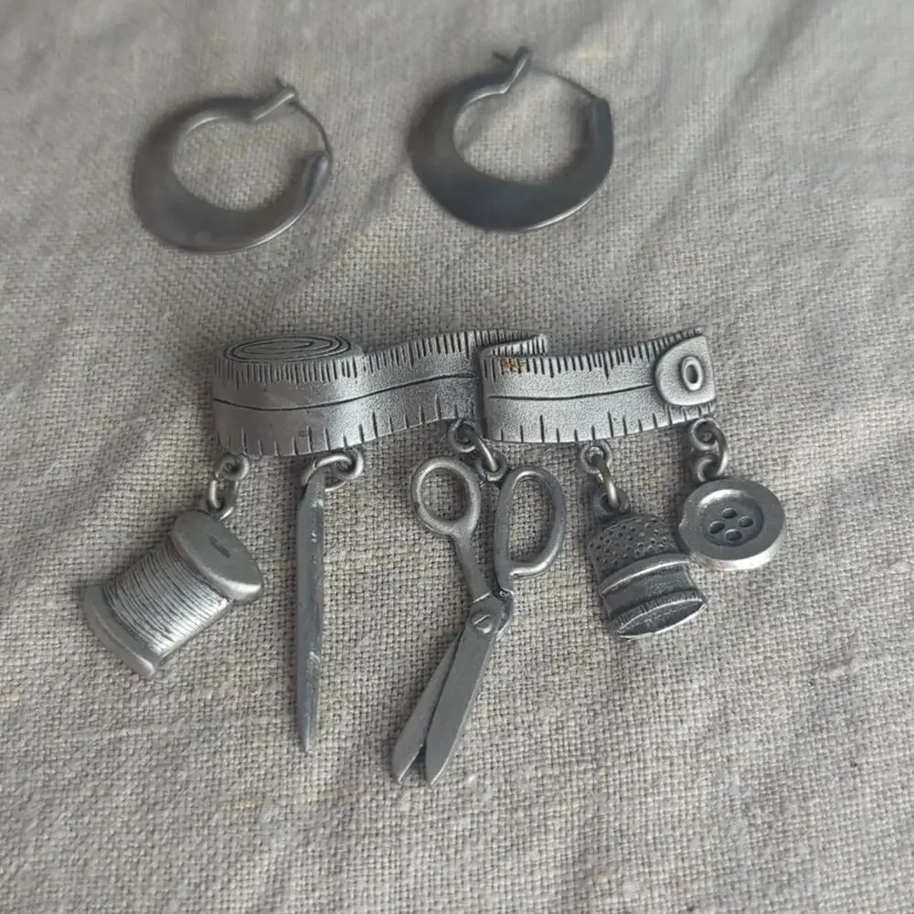 Vintage Sewing Motif Pin & Pewter Hoop Earrings Curated Maker Set